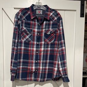 Men's Plaid Button-Down Shirt - Navy, Red, White